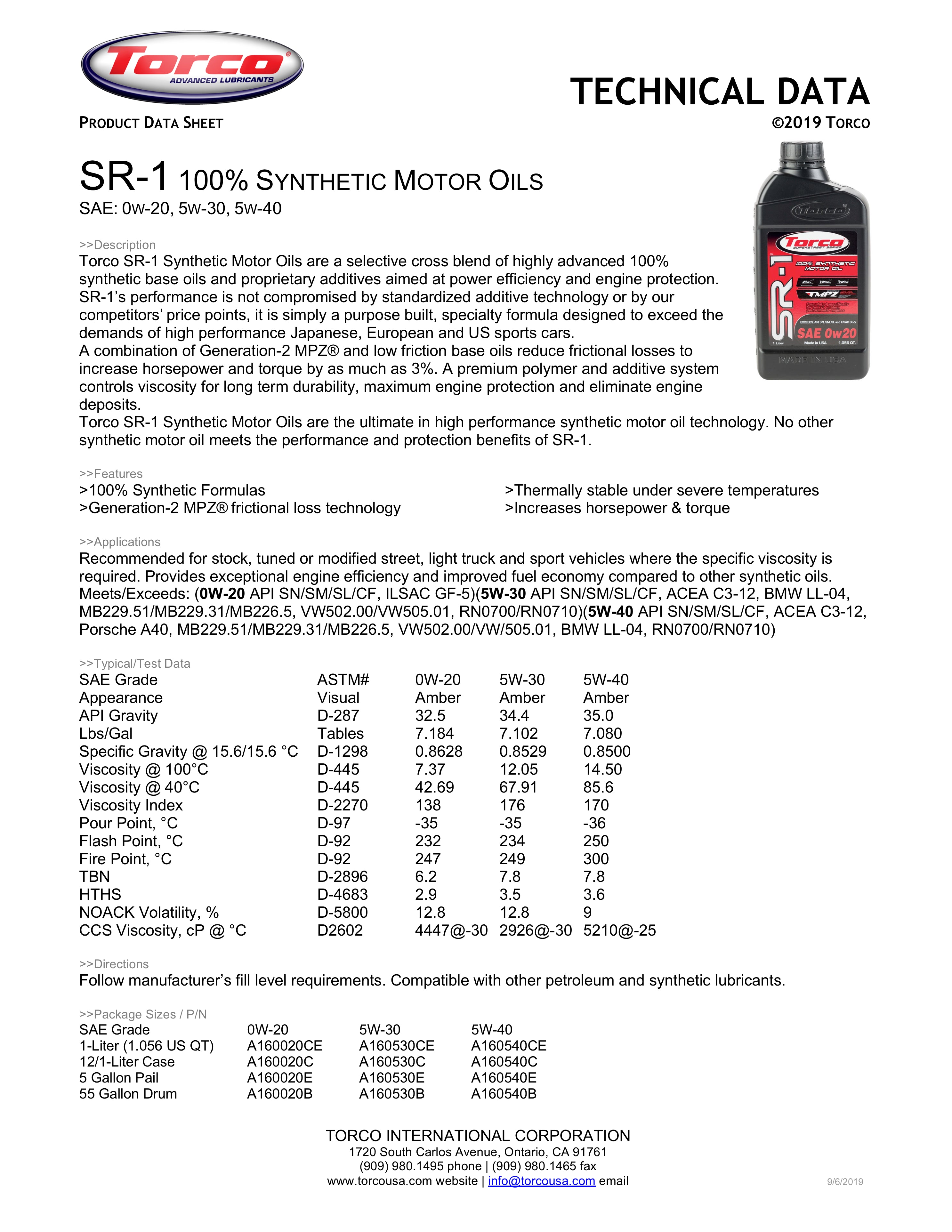 Torco SR-1 Superstreet Full Synthetic 0W-20 Motor Oil - 1 Liter