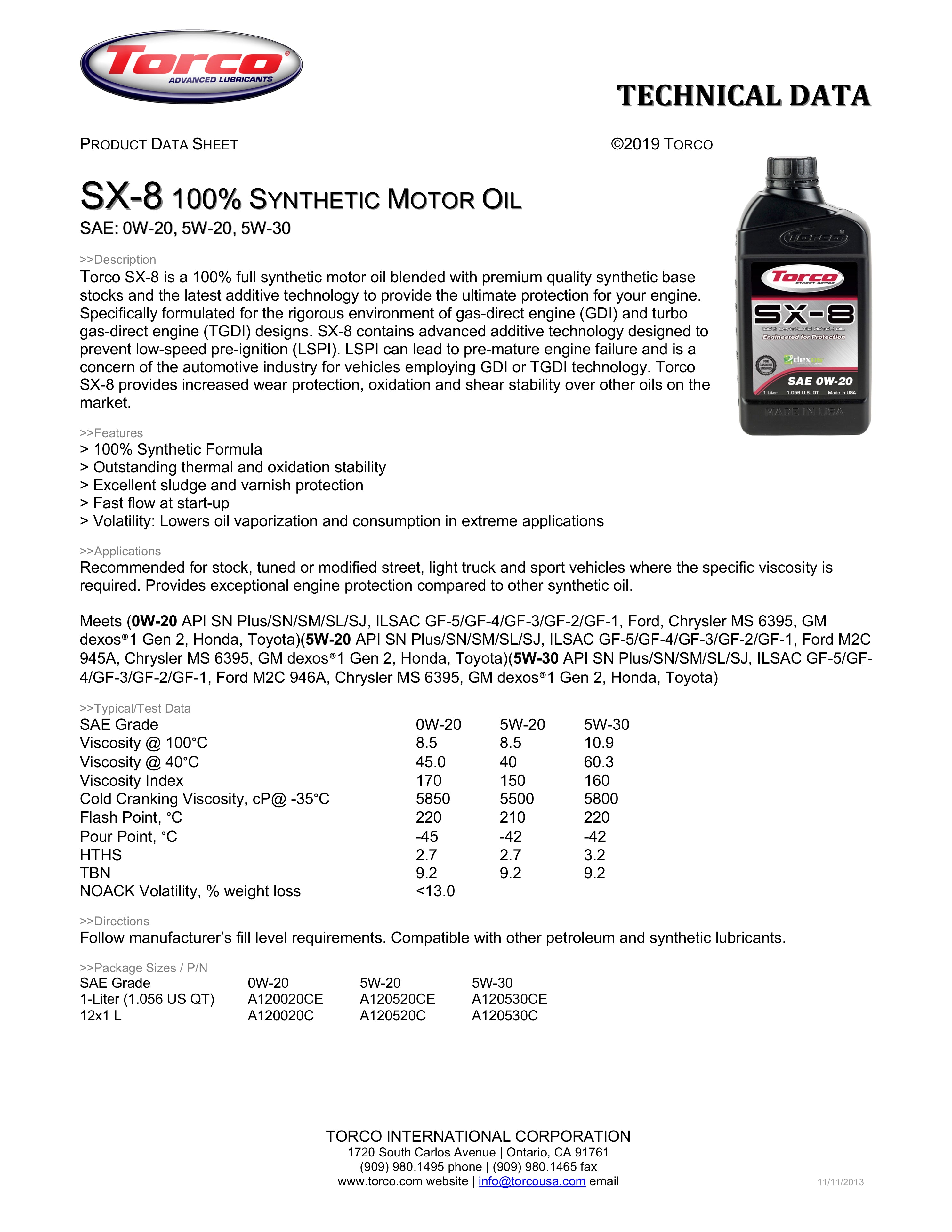 Torco SX-8 Superstreet Full Synthetic 5W-30 Motor Oil - 1 Liter